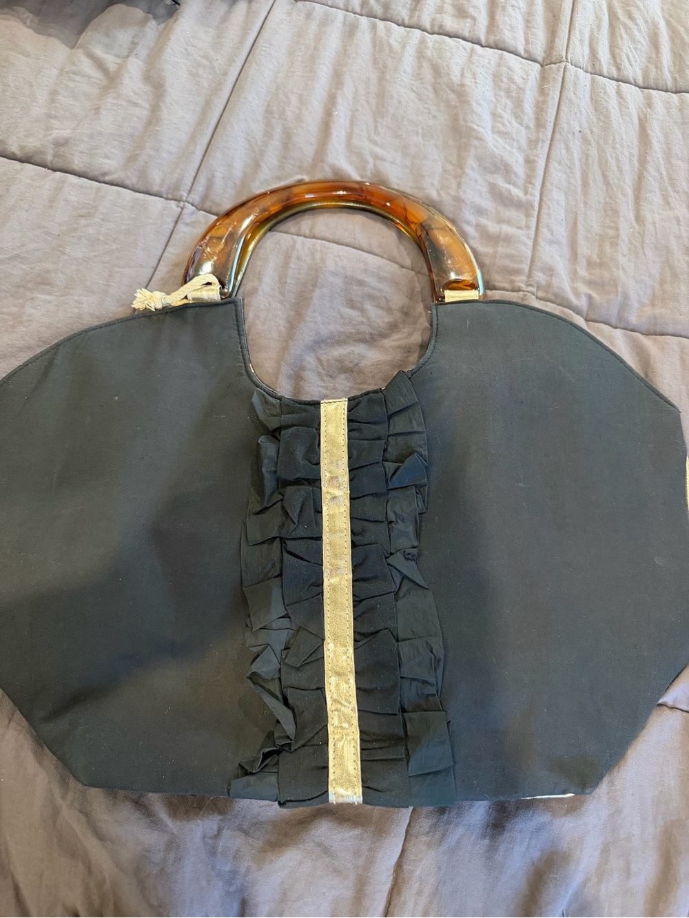Black Ruffle Tote Bag with Tortoiseshell Handle